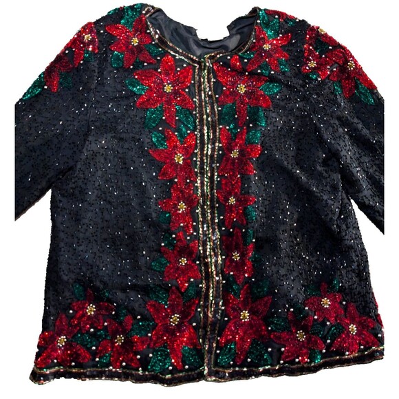 Laurence Kazar Sequin Beaded Embellished Christmas Poinsettia Sweater 2X Jacket - Picture 2 of 8